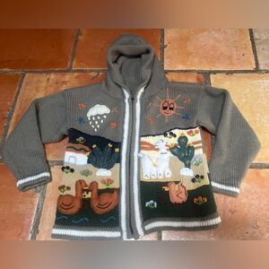 Kids Handmade Peruvian Sweater Full Zip Hood Embroidery Felt Appliqué Animals